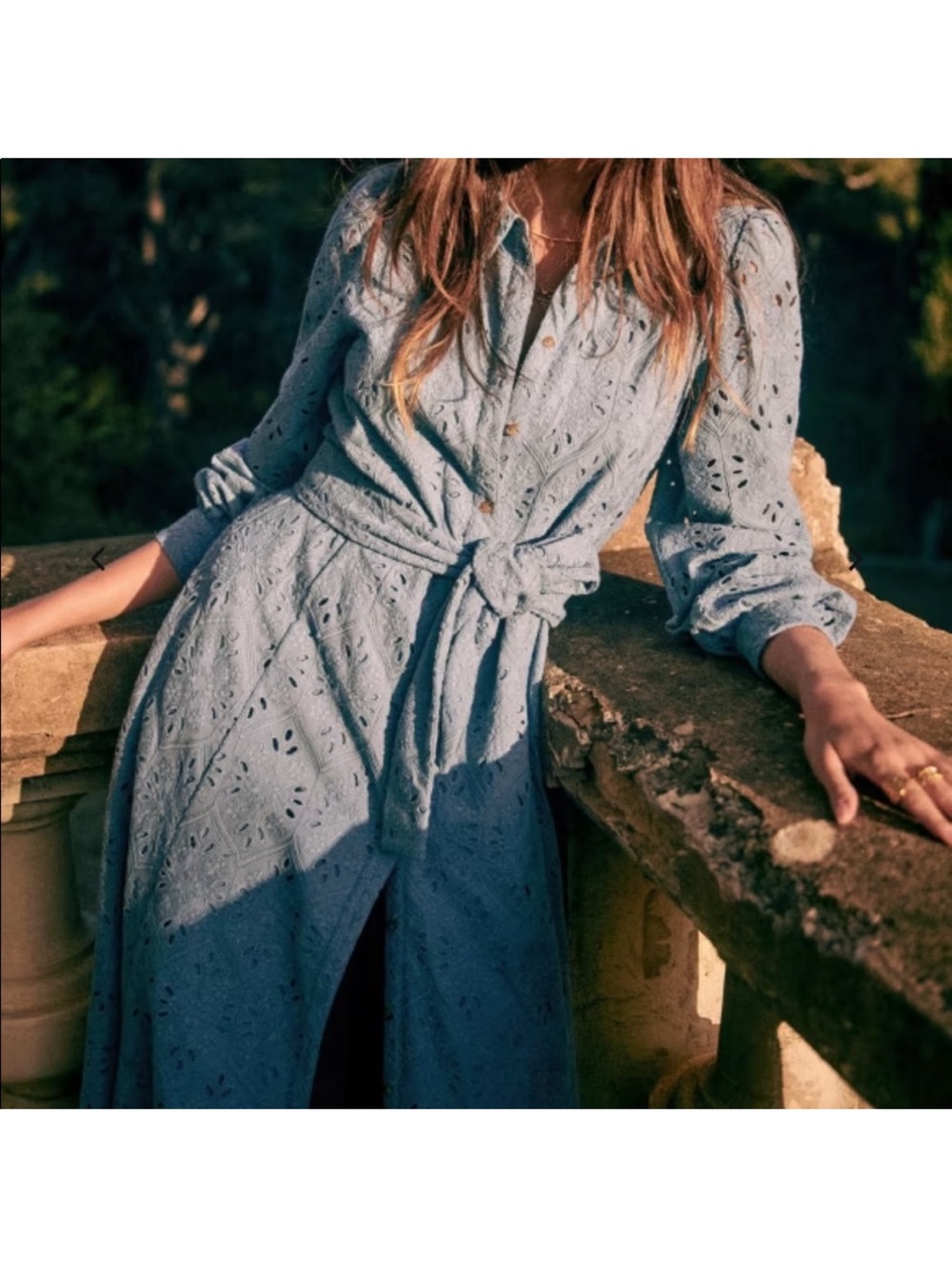 Sezane Bella Dress in Bleu Vintage, Eyelet Maxi w/ Tie Waist, size 36 - Picture 13 of 16